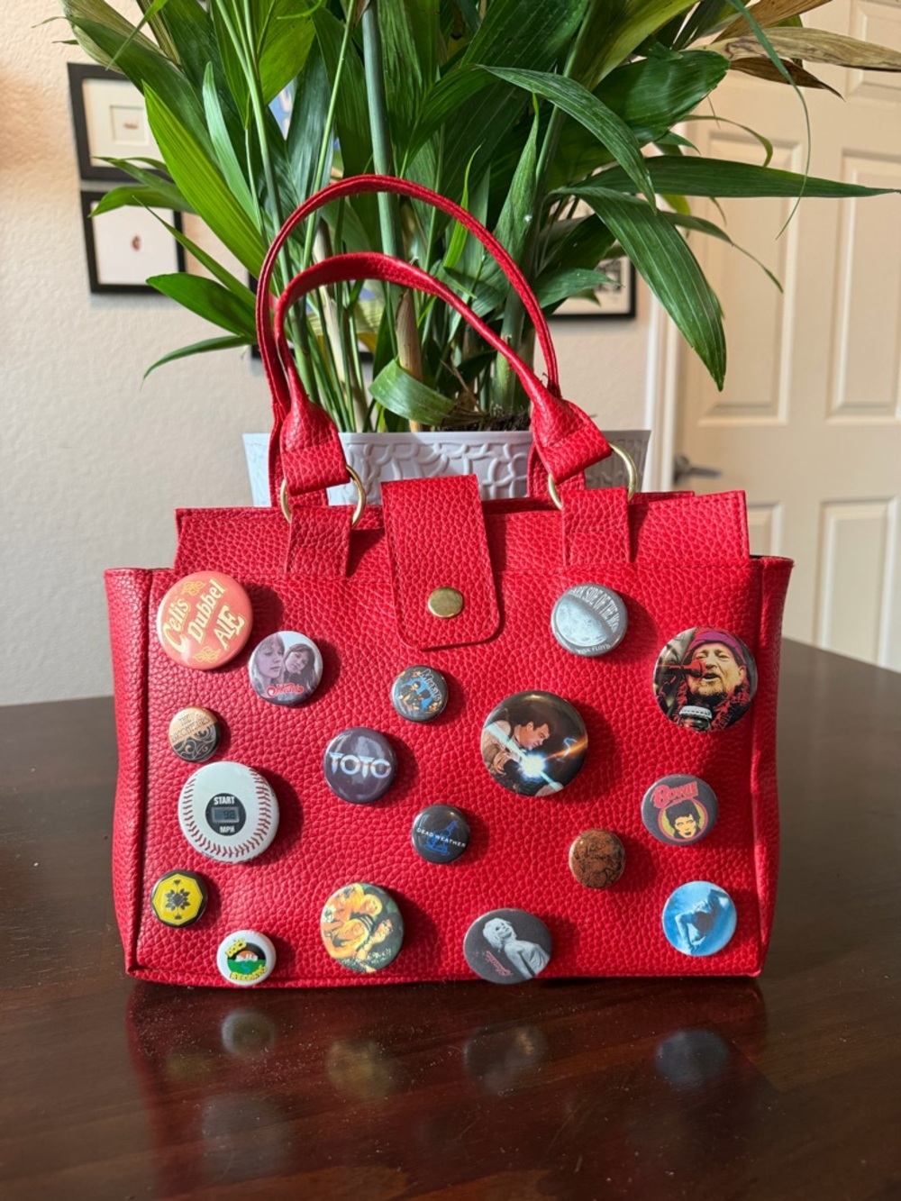 Red Women's Tote Bag with Button Pin Accents
